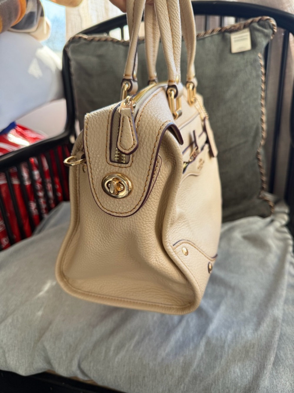 Coach Pebbled Leather Satchel in Cream with Gold Hardware - Picture 6 of 13